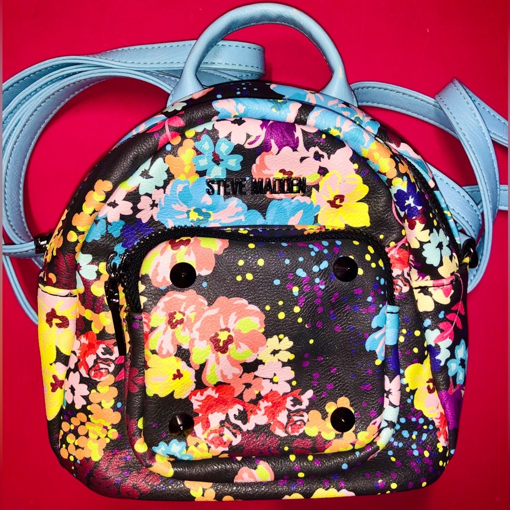 Steve Madden Floral Mini Backpack BlackYellowBlue Straps Casual Travel Accessory